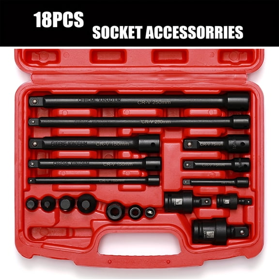 18Pcs Socket Accessory Kit, 1 4" 3 8" 1 2" Drive Socket Adapter Set, Extension Bars, Universal Joint, Ratchet Couplers, CR-V Steel Corrosion-Resistant Mechanic Tools