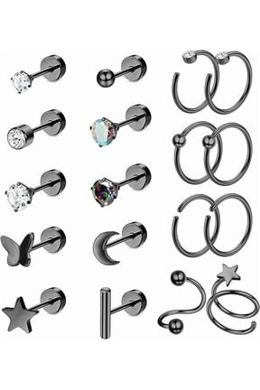 18Pcs Titanium Earrings for Women G23 Titanium Flat Back Earrings for Sensitive Ears Star Moon Butterfly Hypoallergenic 20G Flat Back Earrings Helix Piercing Jewelry Black