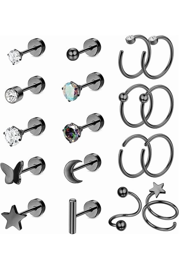 18Pcs Titanium Earrings for Women G23 Titanium Flat Back Earrings for Sensitive Ears Star Moon Butterfly Hypoallergenic 20G Flat Back Earrings Helix Piercing Jewelry Black
