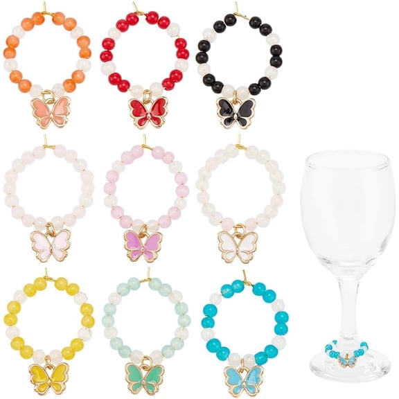 18Pcs Wine Glass Bead Charms Drink Glass Charms Alloy Enamel Butterfly Colorful Wine Rings Identifiers Butterflies Charm Drinks Marker Tags