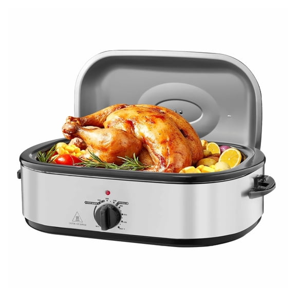 18QT Electric Roaster Oven, Stainless Steel Turkey Roaster Pan - 150-450F Adjustable Temp, Self-Basting Lid, Defrost & Warm Functions, Cool-Touch Handle