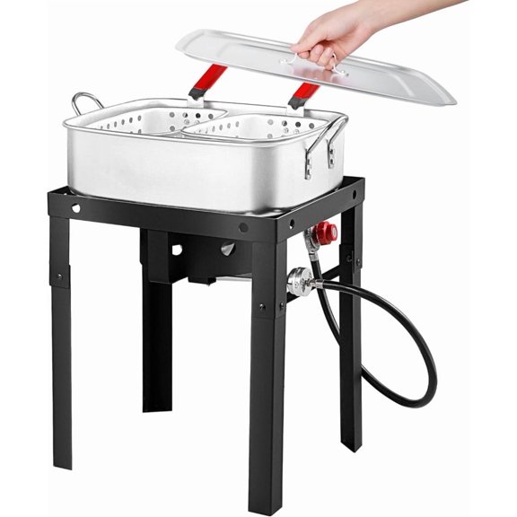 Propane Deep Fryer with 18Qt Square Deep Fryer Pot – High Grade Strainer Basket Aluminum Pot/Propane Burners/Thermometer,for Fish and Seafood Pot Fry