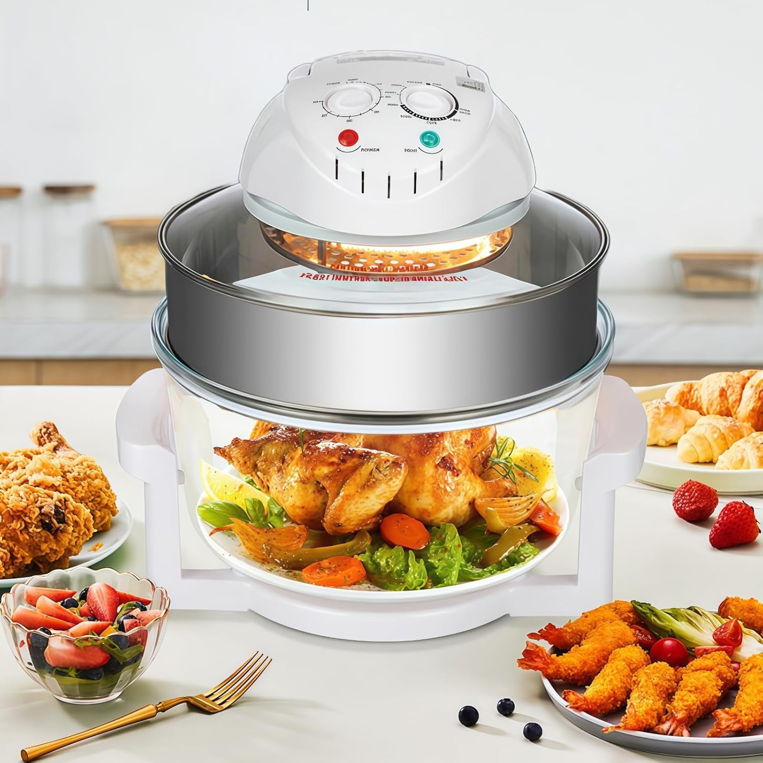18Qt Extra Large Glass Air Fryer Non Toxic Air Fryer Portable 360 Visibility with High and Low Grills, Tongs, Expansion Ring for Home Kitchens, Dorms & Small Gatherings