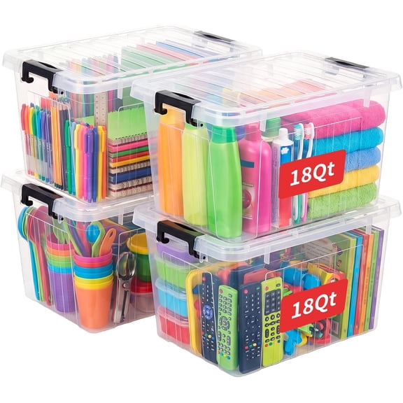 18Qt Plastic Storage Bin, Stackable Storage Box with Lid, Organizer, Container for Home, Office, Drom, PP, BPA-Free, Nestable, Clear, 18Quart-4 Pack