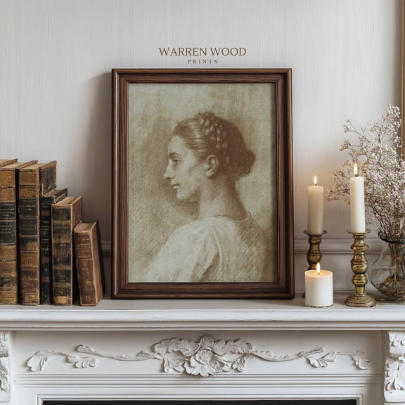 18Th Century Italian Woman Sketch Print, Vintage Portrait Drawing, Antique Side Profile Art, Neutral Beige Brown Figure Study, Classic Art Home Decor #1364, Unframed Canvas Size 24x36