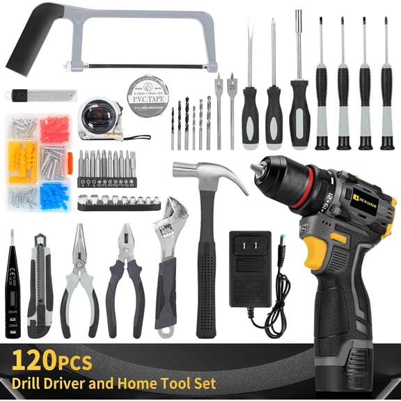 18V Brushless Cordless Drill Tool Set with 2 Batteries and 120 PCS Household Tools