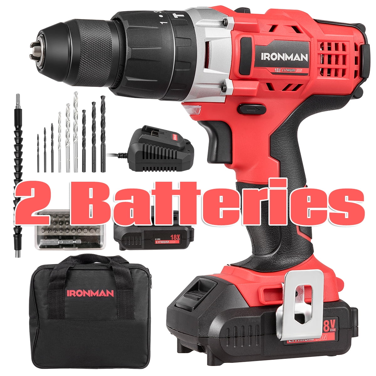 18V Cordless Drill Driver Impact Tool Kit 1/2'' Chuck 2000mAh Li-Ion w/ LED  Light 