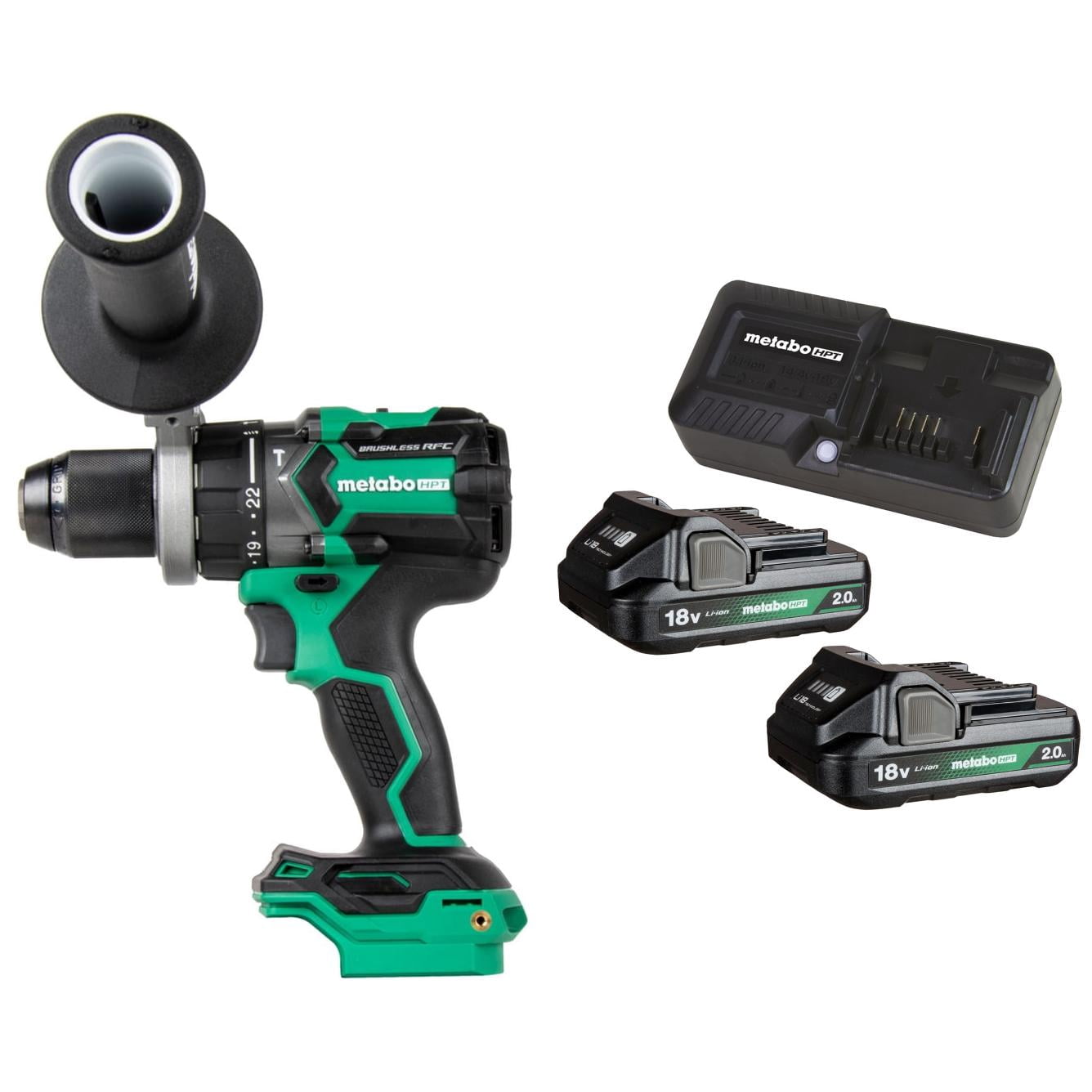 18V HIGH TORQUE BRUSHLESS 1/2" HAMMER DRILL (Bare Tool) with 18V Starter Kit w/ 2 x 2.0Ah Battery
