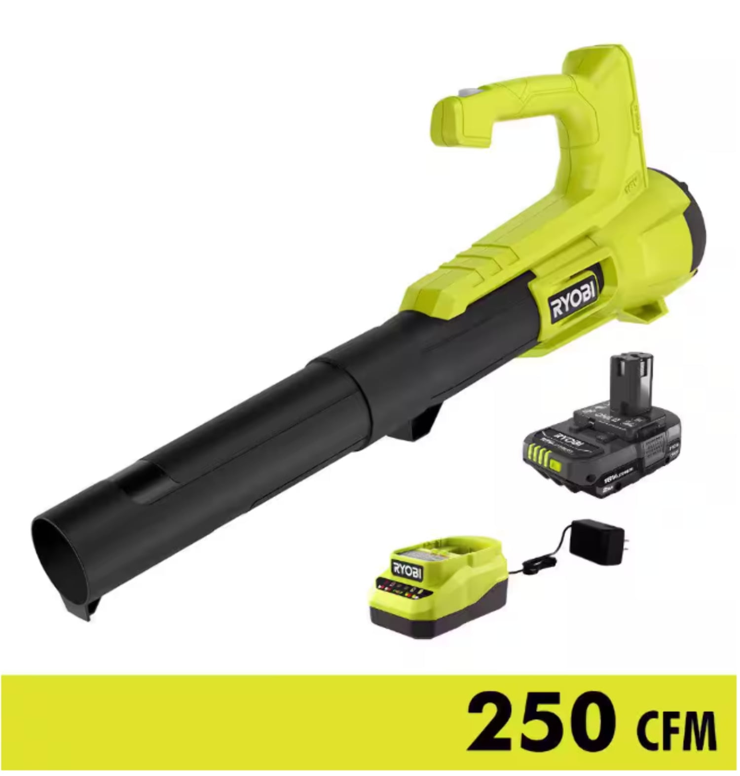 RYOBI ONE+ 18V 90 MPH 250 CFM Cordless Battery Leaf Blower/Sweeper with 2.0 Ah Battery and Charger