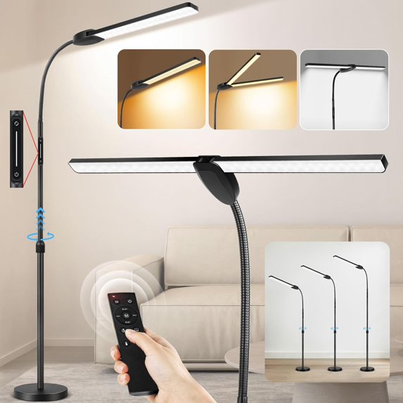 18W 1800LM LED Floor Lamp with Double Head, Super Wide and Bright, Height Adjustable, Remote and Touch Control, Memory Function, Dimmable Standing Lamp for Reading, Working, Sewing, Drawing, Black