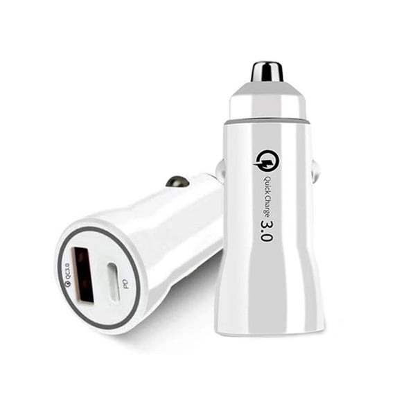 18W 2 Port Car Charger for iPhone 15 Pro Max - (Type-C Power Delivery PD and USB-A Quick Charge 3.0 Ports) High Powered Dual USB Auto Adapter - White