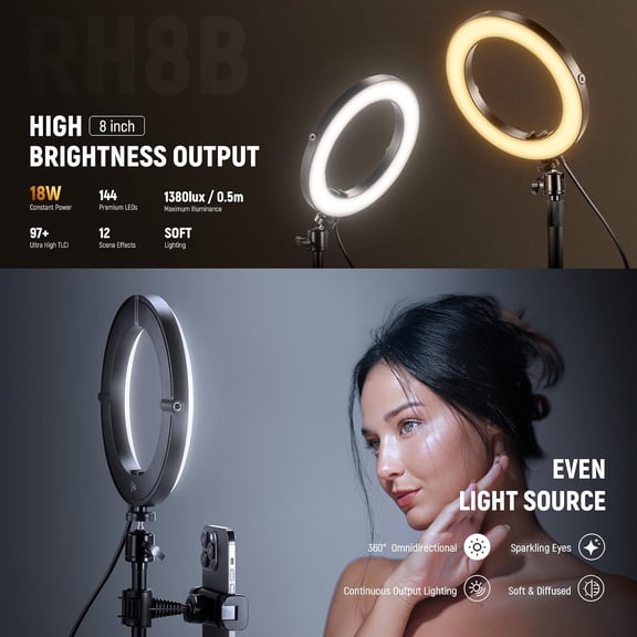 18W 8" Desk Ring Light with Stand, Circle Selfie Light for iPhone Streaming Makeup Video Recording, Video Conference Lighting Kit with Phone Holder for Laptop Computer Zoom Call Podcast, RH8B