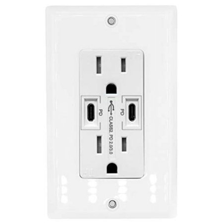 18W Dual USB Type C With Power Delivery Wall Outlet With Dual Tamper-Resistant Plugs (1, White)