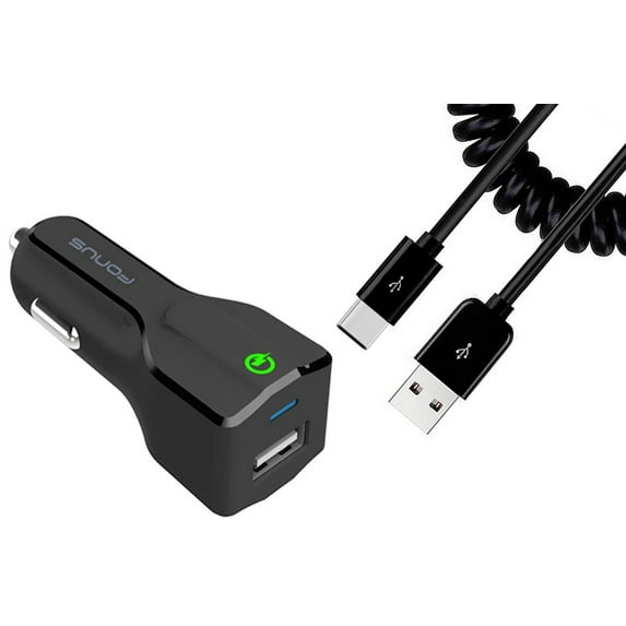 18W Fast Car Charger for Samsung Galaxy S23 FE Phone - USB Port Coiled Cable Type-C Quick Charge DC Socket for Samsung Galaxy S23 FE 6.4" (Fan Edition) Model