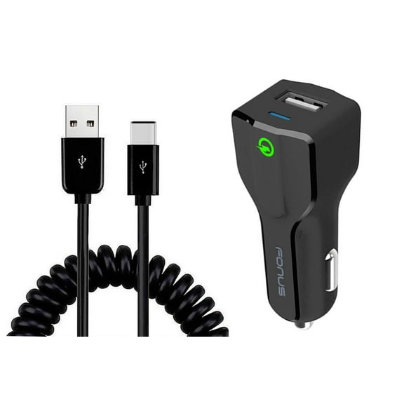18W Fast Car Charger for iPhone 15/Pro/Max/Plus - USB Port Coiled Cable Type-C Quick Charge DC Socket