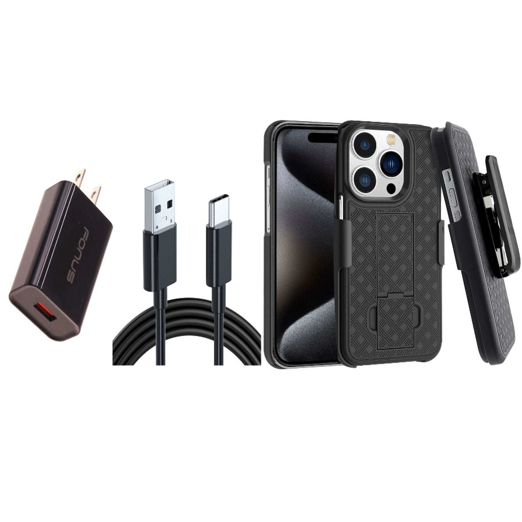 18W Fast Home Charger & Case Belt Clip for iPhone 15 Pro - 6ft Long USB-C Cable Type-C Cord USB Wall Adapter Power Wire and Holster Swivel Cover Kickstand A3Z for iPhone 15 Pro (6.1")