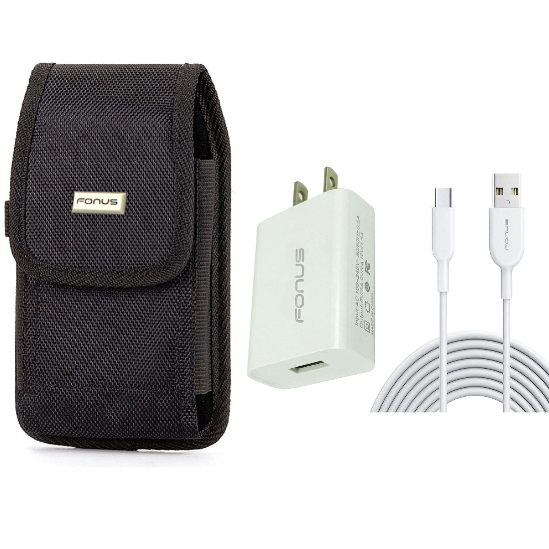 18W Fast Home Charger & Case Belt Clip for iPhone 15 Pro - 6ft Long USB-C Cable Type-C Cord USB Wall Adapter Power Wire and Rugged Holster Canvas Cover W4O for iPhone 15 Pro (6.1")