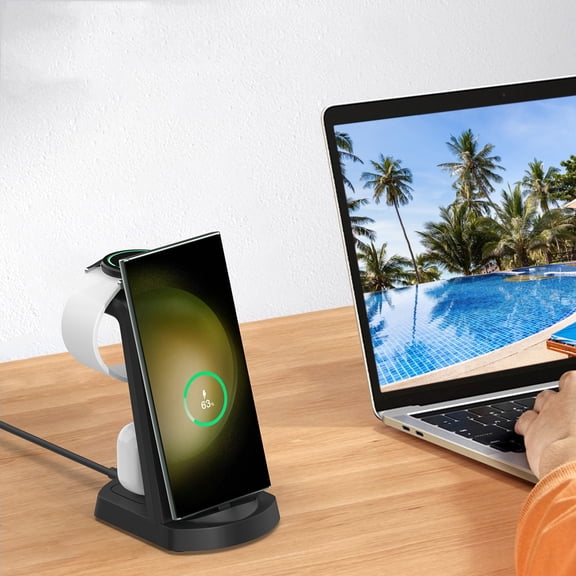 18W Fast Wireless Charger Stand, 3-in-1 Charging Station for Android Phones, Headphones, and Watches, Compact and Foldable, Type-C Plug - Black