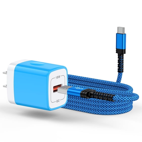 18W QC 3.0 Fast Wall Charger Block with 10FT USB-A to Type-C Braided Cable, Phone Charger Compatible with iPhone 17/16/15 Pro Max iPad Pro Galaxy S26 Android, Blue