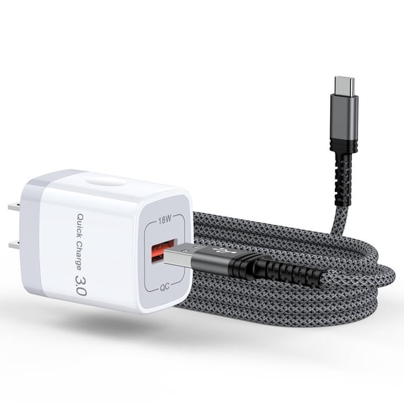 18W QC 3.0 Fast Wall Charger Block with 10FT USB-A to Type-C Braided Cable, Phone Charger Compatible with iPhone 17/16/15 Pro Max iPad Pro Galaxy S26 Android, White