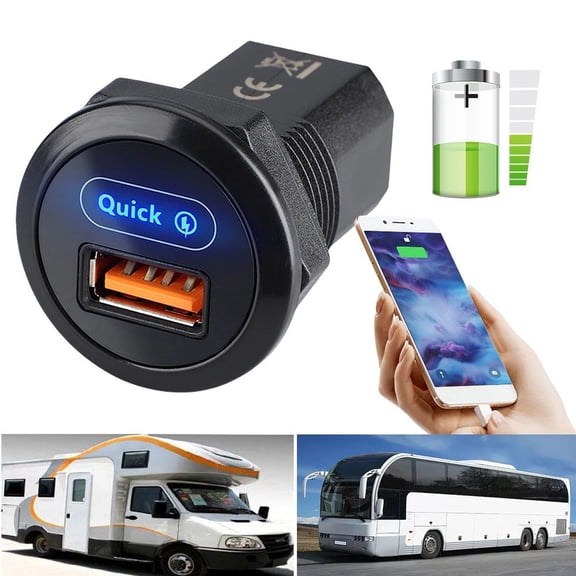 18W for QC3.0 Car Charging Socket USB Panel for 12-24V RV Bus, Fast Charge Adapter with Blue Light for Phone Tablet GPS, Black