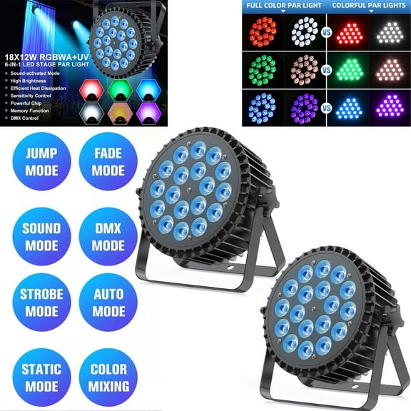 18X12W LED Par Lights, RGBWA+UV DJ Lights w/ DMX Control Uplights for Events Stage Lighting, 2 Pack