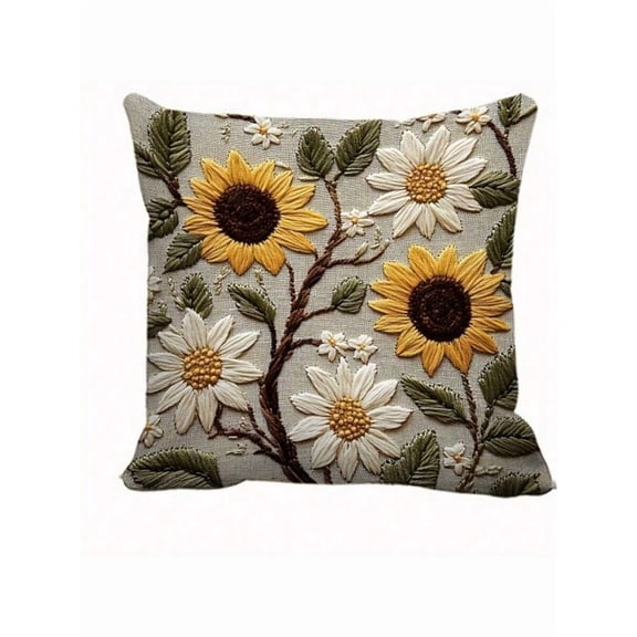 18X18 Style 3 Beige Base Sunflower Embroidered Throw Pillow, Envelope Closure, Decorative Cushion Cover
