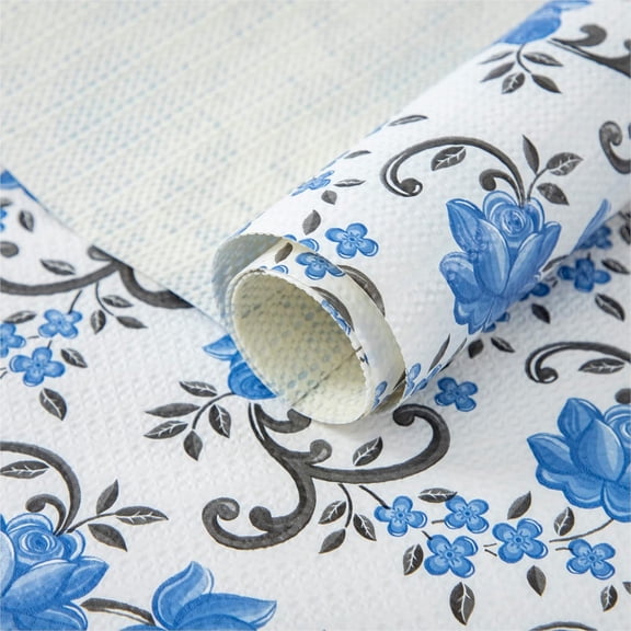 18X96 Inch Shelf Liner for Kitchen Cabinets, PVC Drawer Liner for Dresser Non-Slip Bathroom, Non-Adhesive Cabinet Liner Washable (Blue Floral)(1 Roll)