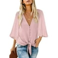 thumbnail image 1 of luvamia Women's Summer V Neck Cute Tops 3/4 Flared Sleeves Tie Knot Blouses Size M Cradle Pink, 1 of 4