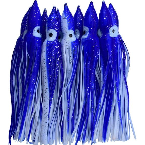 18cm Octopus Fishing Lures Squid Skirt Bait Glow in Dark Luminous Soft Trolling Fishing Lure Saltwater Blue White (10pcs)