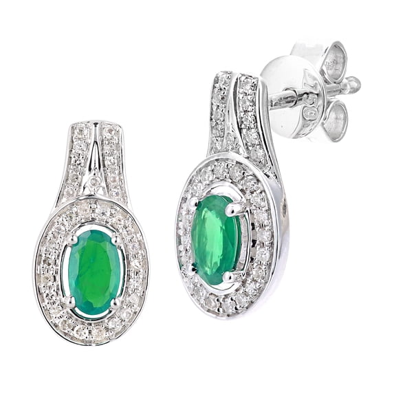 18ct White Gold Jewelco London Diamond Oval 1/2ct Emerald Cluster Drop Earrings