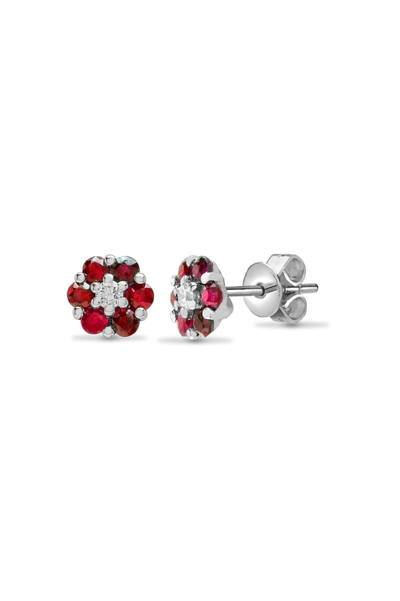 18ct White Gold Jewelco London Diamond Red Ruby Daisy Cluster Stud Earrings