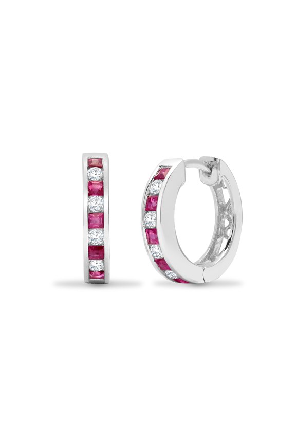 18ct White Gold Jewelco London Diamond Ruby Eternity Huggie Hoop Earrings 15mm