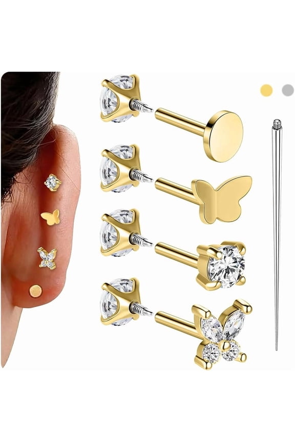 18g Reversible Earrings Studs Long Internal Thread Cartilage Earring Helix Stud Surgical Steel Conch Tragus Piercing Jewelry for Women Men(1.0mm=18G;Bar Length:6mm)[b9251]