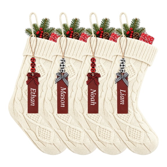 Swfoer 18 inches Personalized Christmas Stockings,4 pack Knit Stockings Set with Name Tags Christmas Decoration, Ivory