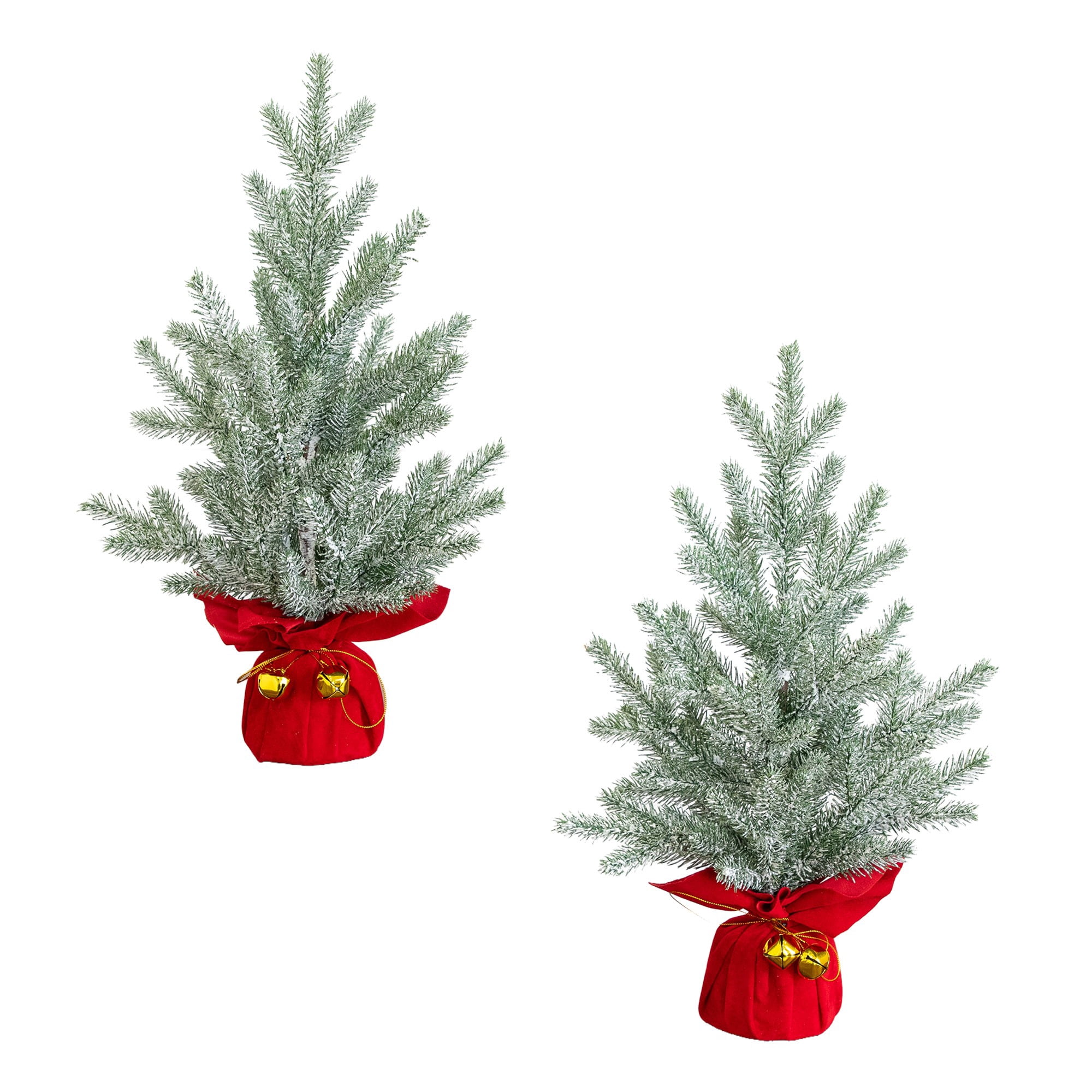 18in. Artificial Flocked Christmas Tree with Wrapped Velvet Base and Gold Bells - Set of 2