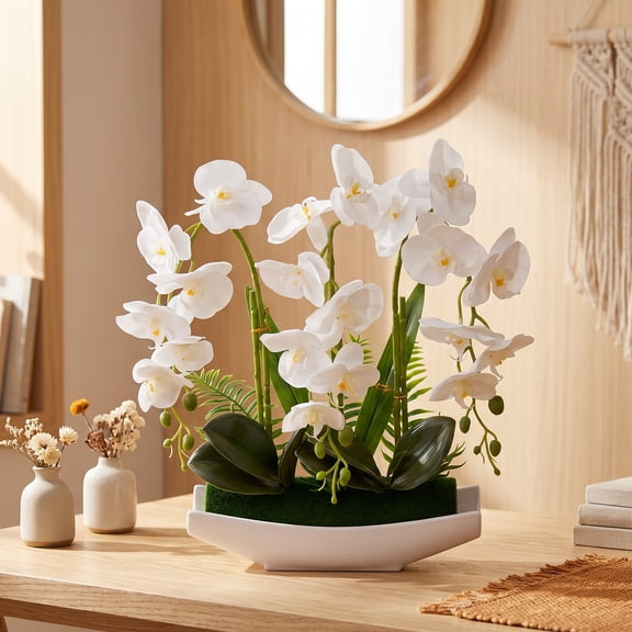 18in Artificial Orchid Plant with White Pot, Artificial Orchid Silk Flowers, Faux Orchid Arrangemen for Indoor Table Decor, Living Room Centerpiece