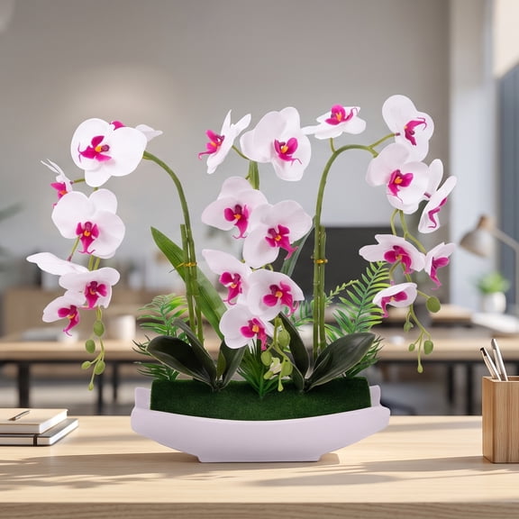 18in Artificial Orchid Plant with White Pot, Artificial Orchid Silk Flowers, Faux Orchid Arrangemen for Indoor Table Decor, Living Room Centerpiece