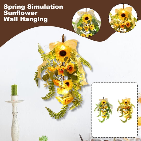 18in Artificial Sunflowers Teardrop Swag with Lights Spring Summer Sunflowers Floral Swag Wreath with Burlap Bow Fake Yellow Sunflower Garland for Front Door Indoor Outdoor Window Home Decor