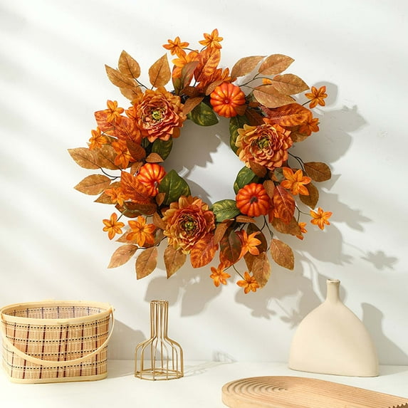 18in Fall Wreaths for Front Door, Fall Decorations for Home, Wreath with Pumpkins Flowers for Thanksgiving Halloween Farmhouse Harvest Home Decor