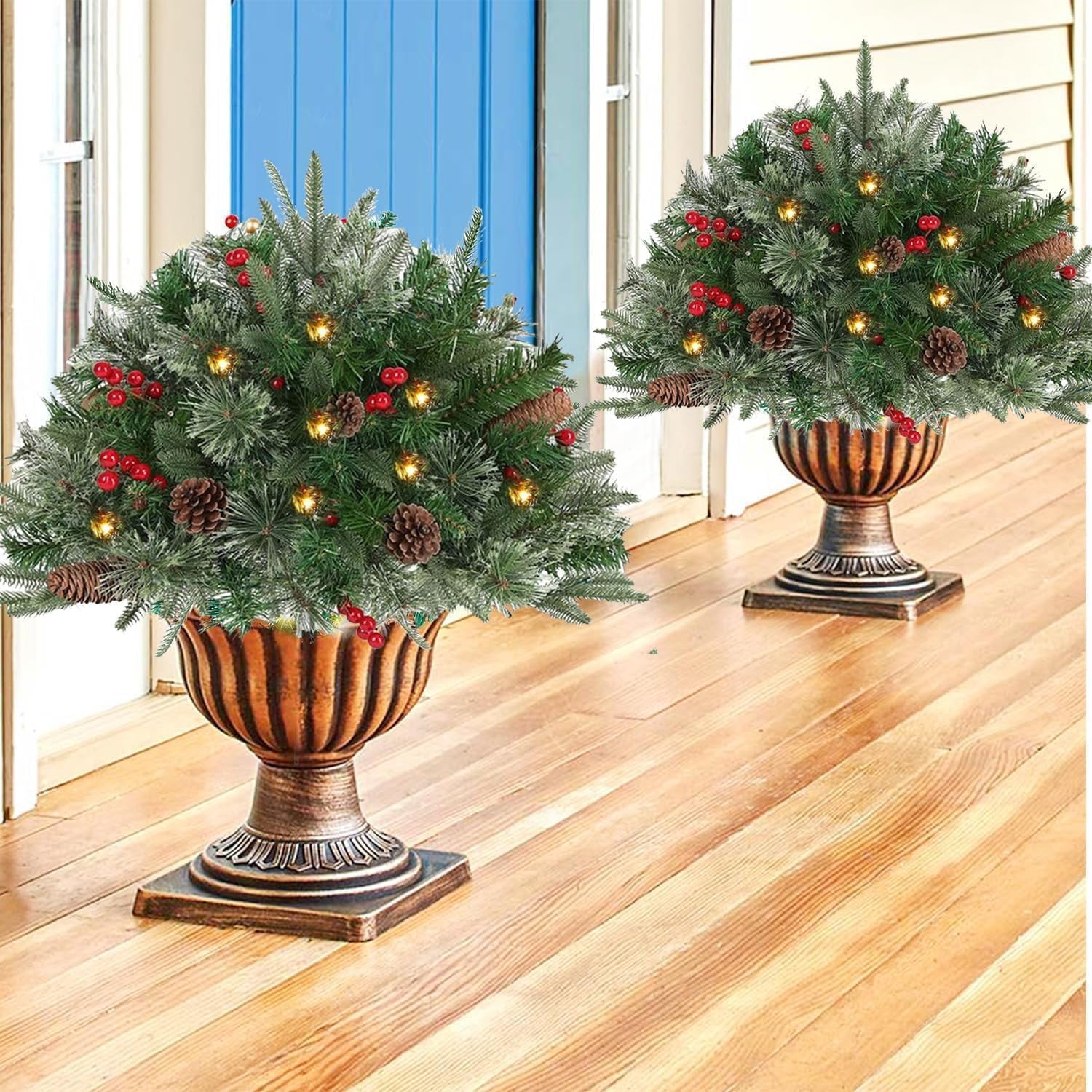 Upliftjoys Pre-lit Artificial Christmas Tree Urn Filler – Battery-Powered LED Lighted Pine Tree For Planters & Holiday Décor