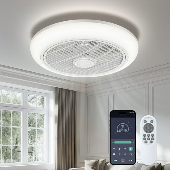 18in Indoor Ceiling Fan with Light, Remote & APP Control, 3 Colors Lighting and 6 Wind Speeds, Invisible Bladeless Ceiling Fan, Timing Setting