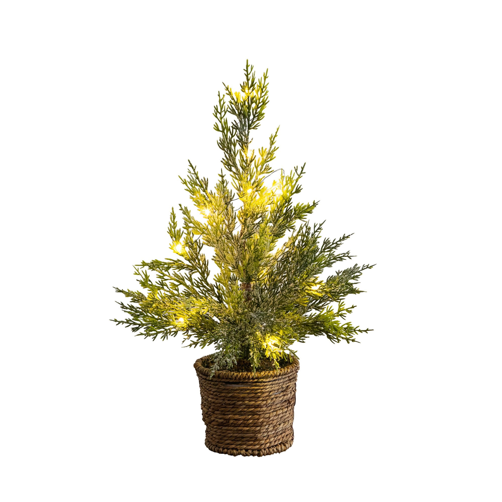 18in. Pre-Lit Artificial Snowed Cypress Christmas Tree with 15 LED Lights in Hyacinth Basket