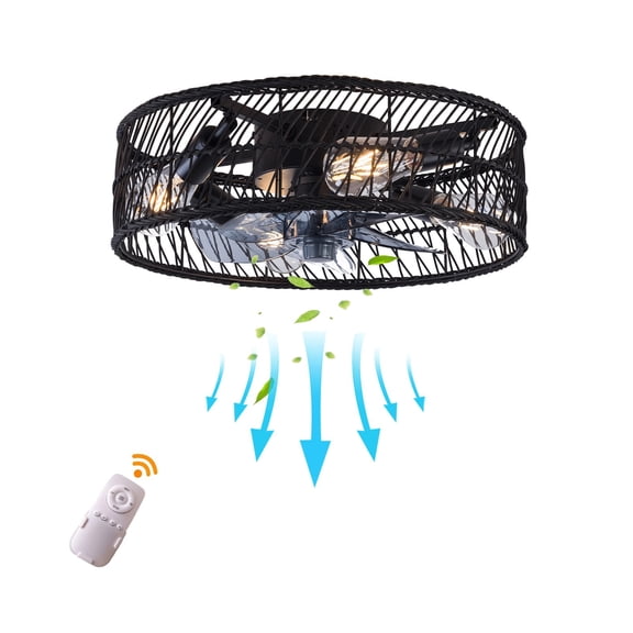 18in Rattan Caged Ceiling Fans Light Low Profile Rattan Ceiling Fans Lamp+Remote