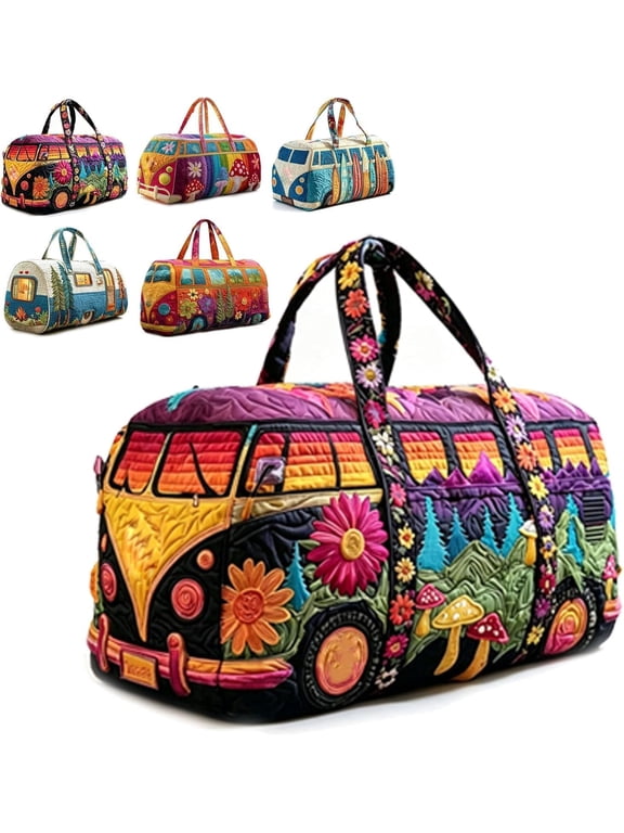 18in Unisex Boho Quilted Weekender Bag - Large Lightweight Hippie Quilted Duffle, Hippie Bag, Hippie Van Quilted Duffle Bag, Quilted Weekender Bag, Carry-on for Gym Yoga Weekend Trips (#06)