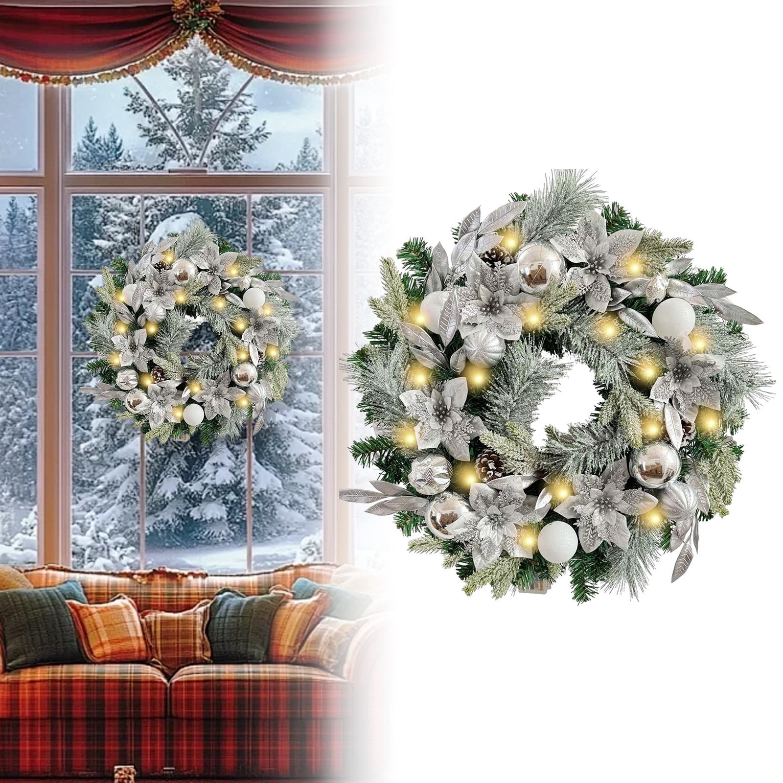 18in White &amp; Silver Pre-Lit Christmas Wreath, Medium Lighted Holiday ...