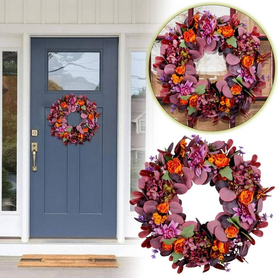 18inch Fall Wreath, Eucalyptus Berries Pumpkins Lamb Ears Leaves maple Autumn Wreaths for Front Door, Fall Decor, Porch Wall, Home Outdoor Holiday Decorations Wreath for Autumn(A)