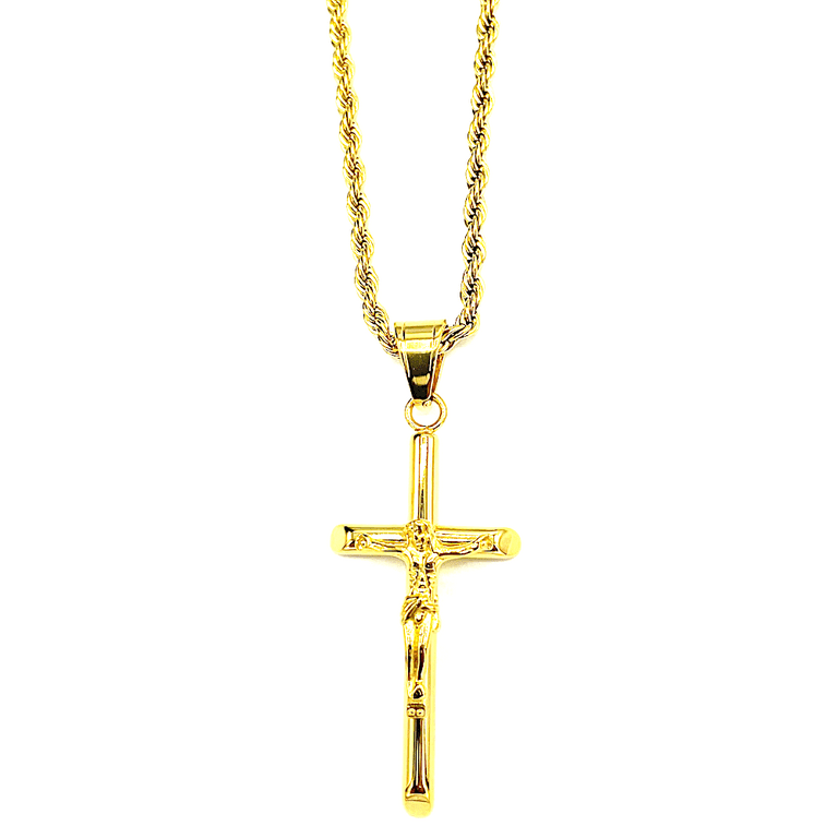 18k Yellow Gold Rope Chain Necklace with Crucifix Pendant, 3mm, 20