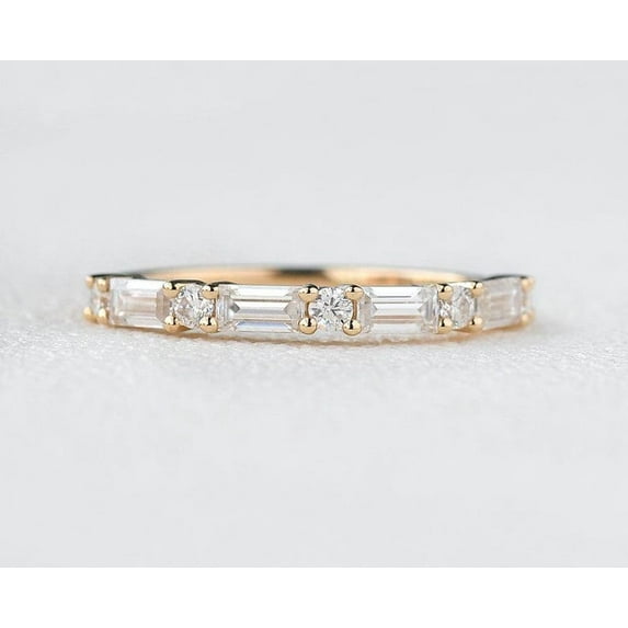 18k Baguette and Round simulated diamond Half Eternity Band,Half Eternity Ring,Dainty Wedding Ring,Stacking simulated diamond Ring,Minimalist Ring,Gift For Her