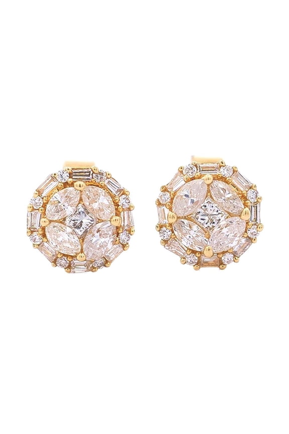 18k Gold 0.72 Carat Natural Diamond Cluster Illusion Set Round Stud Earrings